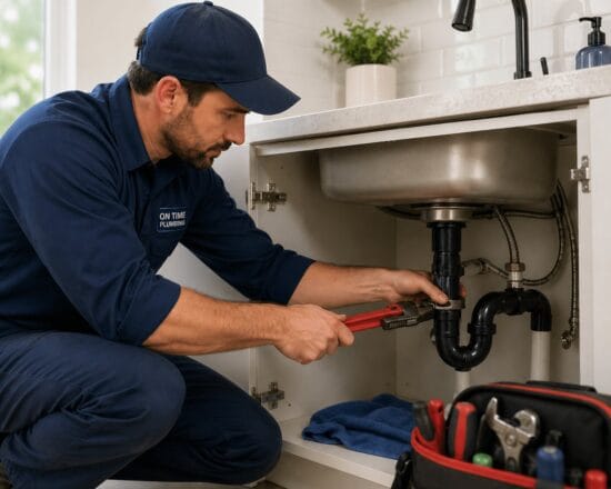 Plumber Fixing a Pipe Under a Sink