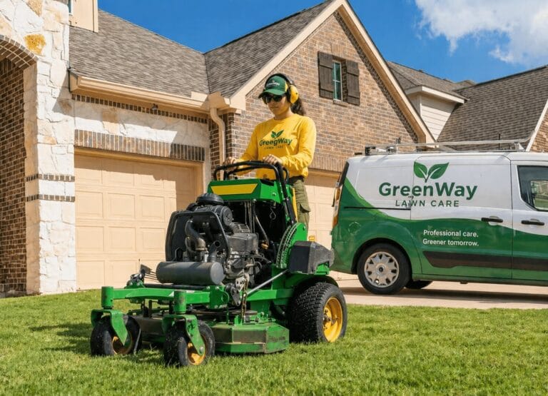 Woman Mowing a Lawn